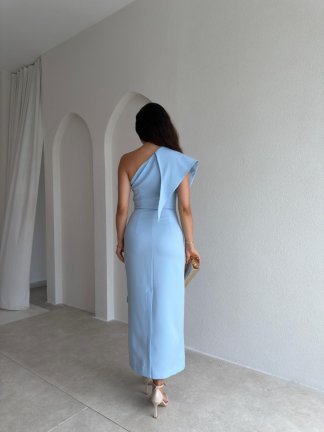 RONİN Tek Omuz Midi Elbise 3702 - Bebe Mavi - 3