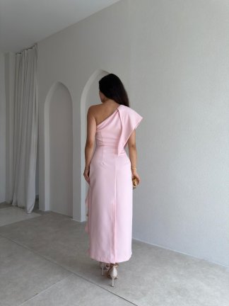 RONİN Tek Omuz Midi Elbise 3702 - Pembe - 3