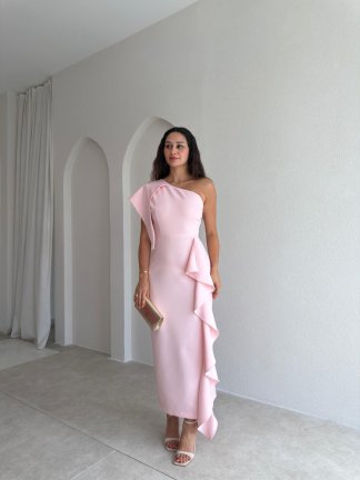 RONİN Tek Omuz Midi Elbise 3702 - Pembe 