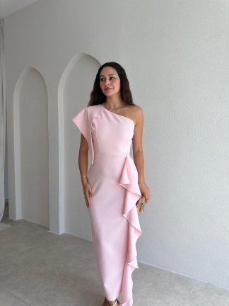 RONİN Tek Omuz Midi Elbise 3702 - Pembe - 2