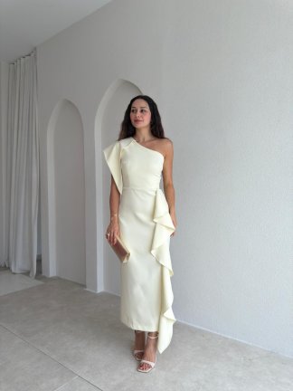RONİN Tek Omuz Midi Elbise 3702 - Sarı 