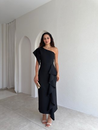 RONİN Tek Omuz Midi Elbise 3702 - Siyah 