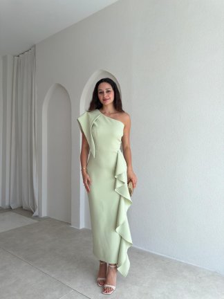 RONİN Tek Omuz Midi Elbise 3702 - Yeşil 