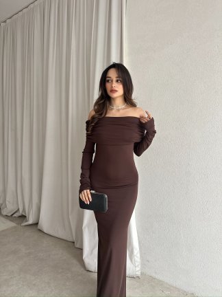 ROSA Parmak Geçmeli Maxi Elbise 8689 - Acı Kahve 