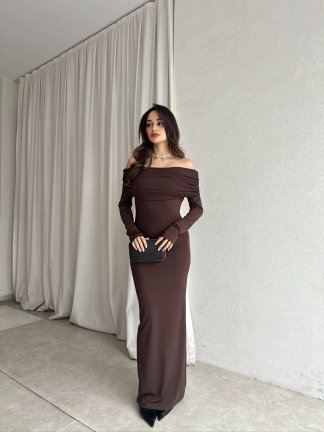 ROSA Parmak Geçmeli Maxi Elbise 8689 - Acı Kahve - 2