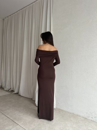 ROSA Parmak Geçmeli Maxi Elbise 8689 - Acı Kahve - 4