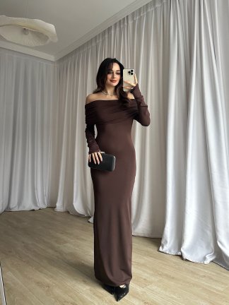 ROSA Parmak Geçmeli Maxi Elbise 8689 - Acı Kahve - 3