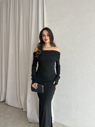 ROSA Parmak Geçmeli Maxi Elbise 8689 - Siyah - 1