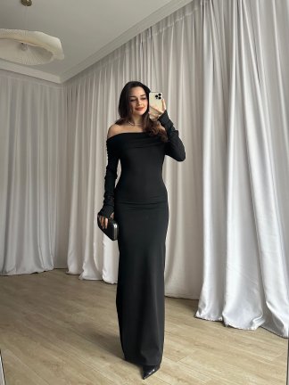 ROSA Parmak Geçmeli Maxi Elbise 8689 - Siyah - 4