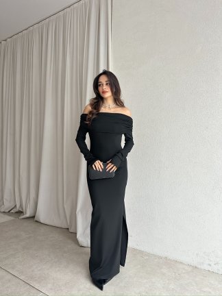 ROSA Parmak Geçmeli Maxi Elbise 8689 - Siyah - 2