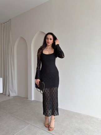 SANCHEZ Dantelli Midi Elbise 8911 - Siyah - 1