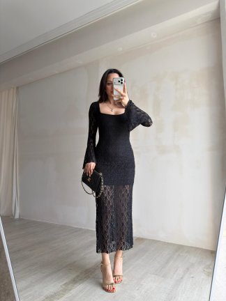 SANCHEZ Dantelli Midi Elbise 8911 - Siyah - 3