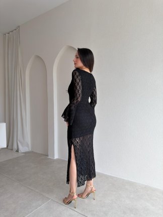 SANCHEZ Dantelli Midi Elbise 8911 - Siyah - 4