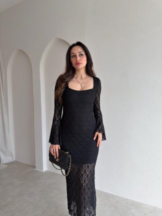 SANCHEZ Dantelli Midi Elbise 8911 - Siyah - 2