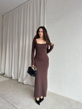 SANGRİA Maxi Kare Yaka Elbise 8261 - Acı Kahve - 3