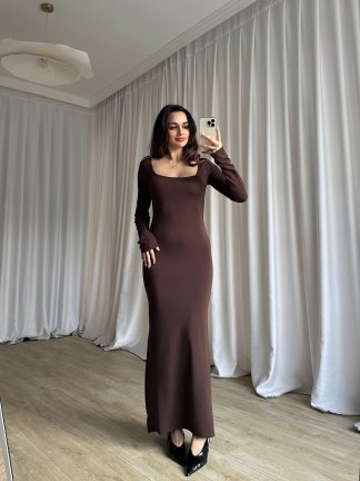 SANGRİA Maxi Kare Yaka Elbise 8261 - Acı Kahve - 2