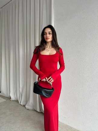 SANGRİA Maxi Kare Yaka Elbise 8261 - Kırmızı 