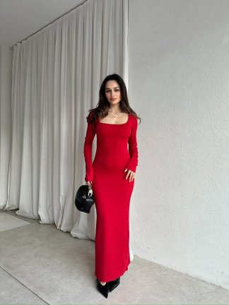 SANGRİA Maxi Kare Yaka Elbise 8261 - Kırmızı - 3