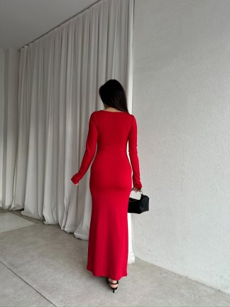 SANGRİA Maxi Kare Yaka Elbise 8261 - Kırmızı - 4