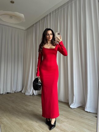 SANGRİA Maxi Kare Yaka Elbise 8261 - Kırmızı - 2