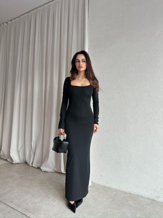 SANGRİA Maxi Kare Yaka Elbise 8261 - Siyah - 3