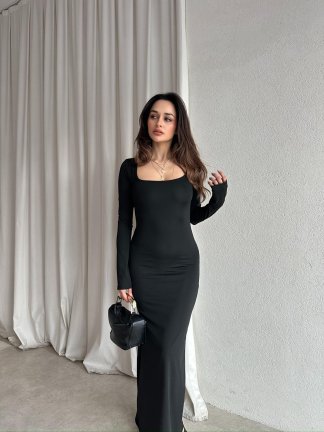 SANGRİA Maxi Kare Yaka Elbise 8261 - Siyah - 1