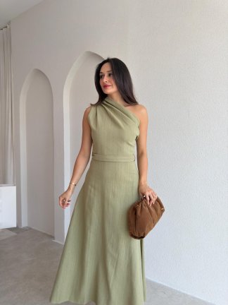 SANTİ Tek Omuz Midi Elbise 3775 - Haki - 2