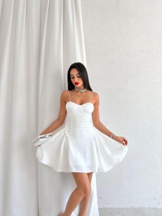 Saten Mini PASTOR Elbise 0120 - Beyaz - 1