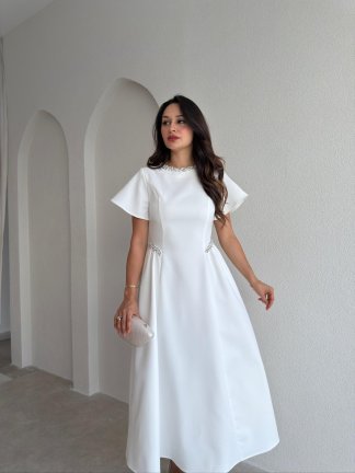 SENORİTA Taş Detaylı Midi Elbise 3769 - Beyaz - 2