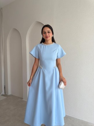SENORİTA Taş Detaylı Midi Elbise 3769 - Bebe Mavisi 
