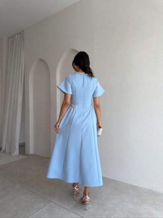 SENORİTA Taş Detaylı Midi Elbise 3769 - Bebe Mavisi - 3