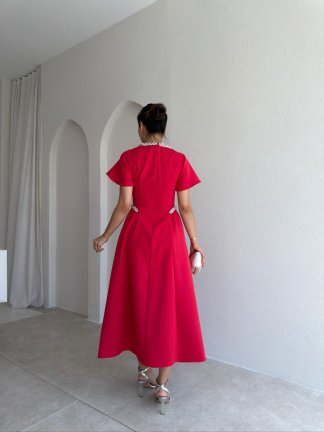 SENORİTA Taş Detaylı Midi Elbise 3769 - Kırmızı - 3
