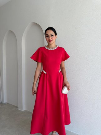 SENORİTA Taş Detaylı Midi Elbise 3769 - Kırmızı - 1