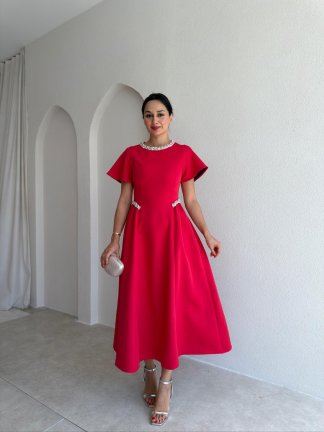 SENORİTA Taş Detaylı Midi Elbise 3769 - Kırmızı - 4