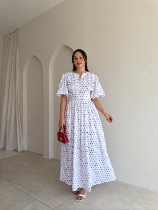 SETRE Puantiye Detaylı Midi Elbise 5634 - Beyaz - 1