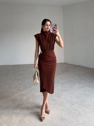SHALLOW Midi Elbise 0958 - Acı Kahve - 2