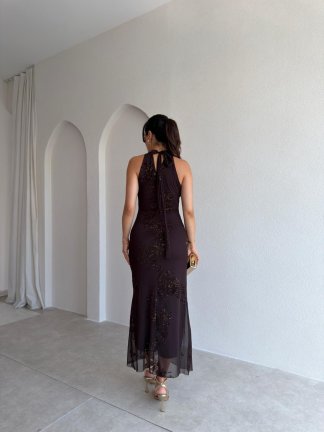 SHARON Simli Maxi Elbise 3009 - Acı Kahve - 3