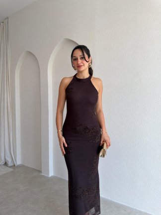 SHARON Simli Maxi Elbise 3009 - Acı Kahve - 2