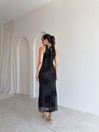 SHARON Simli Maxi Elbise 3009 - Siyah - 3
