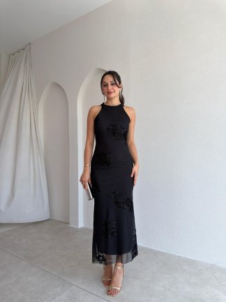 SHARON Simli Maxi Elbise 3009 - Siyah 