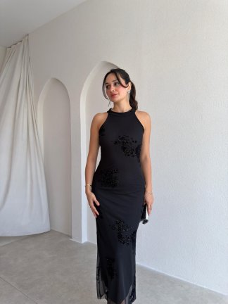 SHARON Simli Maxi Elbise 3009 - Siyah - 2