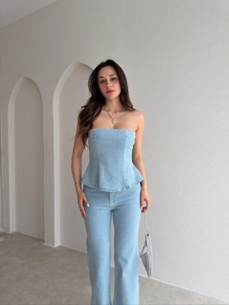 SİENTO Taşlı Straplez Takım 4813 - Buz Mavisi - 3