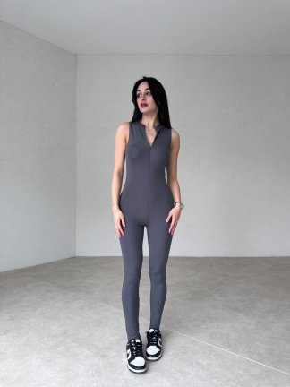 Sıfır Kol Fermuarlı Lacey Tulum - Füme 0940 - 2