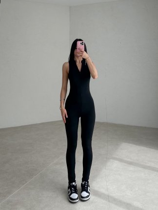 Sıfır Kol Fermuarlı Lacey Tulum - Siyah 0940 - 1