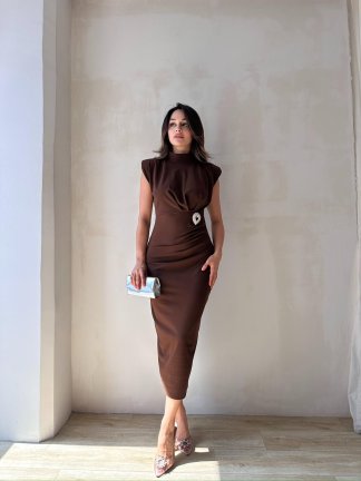 SİLANA Maxi Elbise 4790 - Acı Kahve - 3