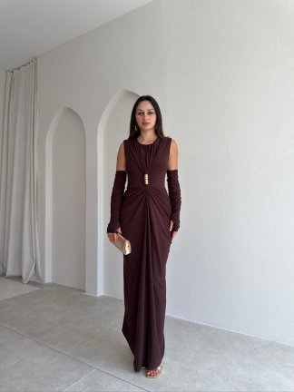 SİLVES Kol Detaylı Maxi Elbise 4216 - Acı Kahve 