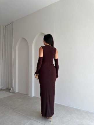 SİLVES Kol Detaylı Maxi Elbise 4216 - Acı Kahve - 3