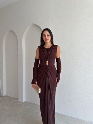 SİLVES Kol Detaylı Maxi Elbise 4216 - Acı Kahve - 2