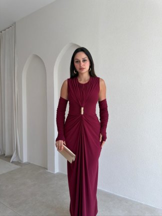 SİLVES Kol Detaylı Maxi Elbise 4216 - Bordo - 2