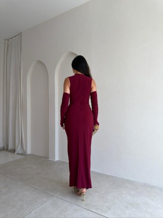 SİLVES Kol Detaylı Maxi Elbise 4216 - Bordo - 3